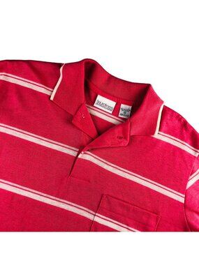 VTG Burdines Men's S/S Pocket Polo Shirt Pink/White Stripe • USA • Medium